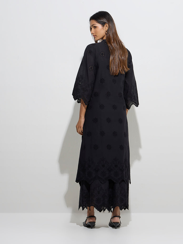 Zuba Black Cut Work Detailed Linen-Blend A-Line Kurta