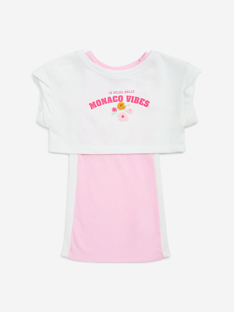 HOP Kids Pink Straight Cotton-Blend Dress with T-Shirt Set