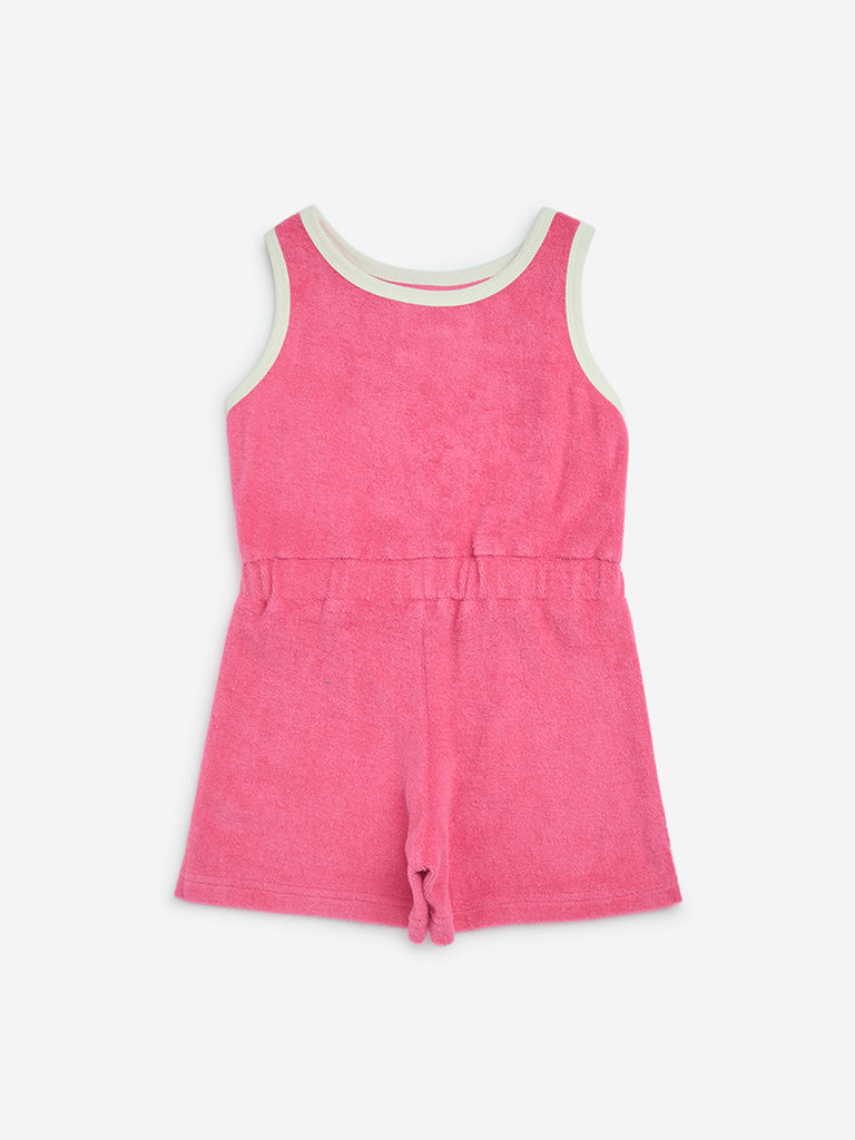 HOP Kids Pink Embroidered Cotton Playsuit