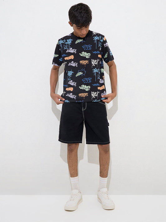 Y&F Kids Black Text Design Cotton T-Shirt