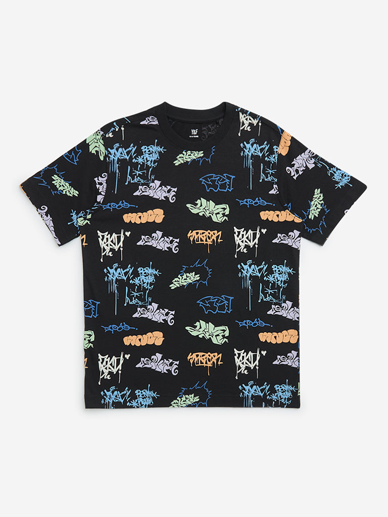 Y&F Kids Black Text Design Cotton T-Shirt