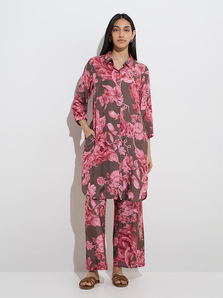 Utsa Brown Floral Pattern A-Line Kurta