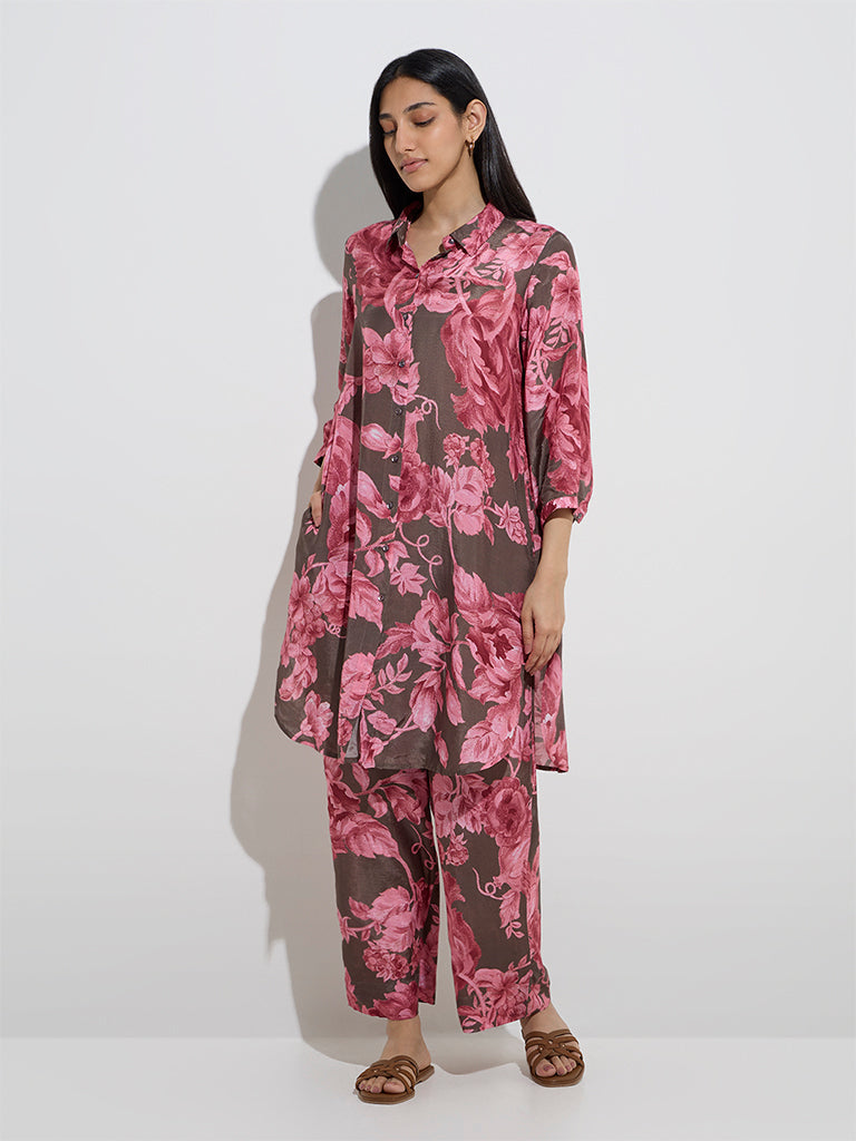 Utsa Brown Floral Pattern A-Line Kurta