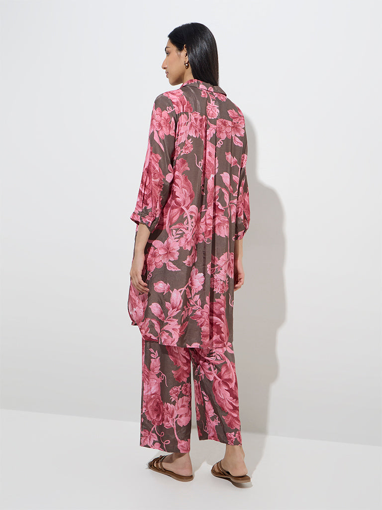 Utsa Brown Floral Pattern A-Line Kurta