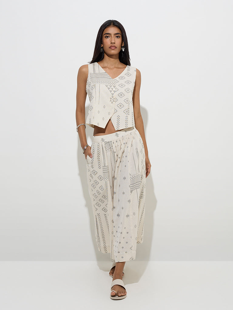 Utsa Off-White Printed Cotton-Blend Top