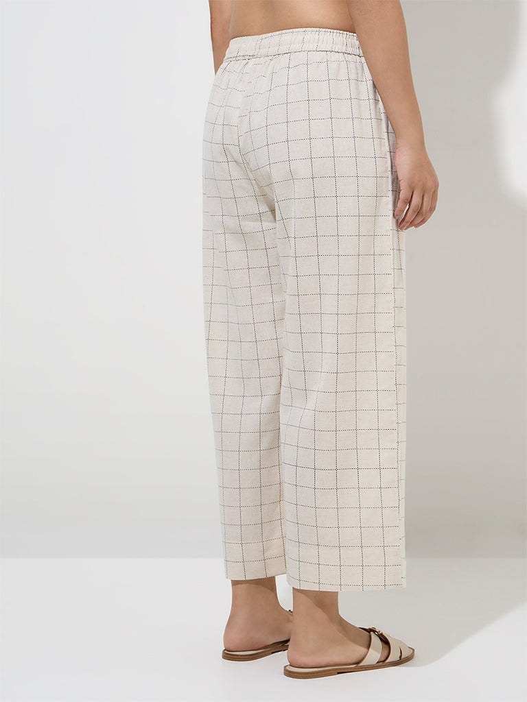Utsa Off-White Checkered Cotton-Blend Ethnic Pants