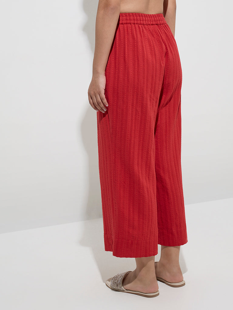 Utsa Red Self-Striped Cotton-Blend Ethnic Pants