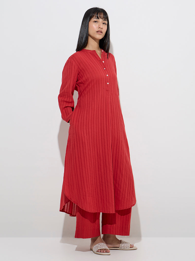 Utsa Red Self-Striped Cotton-Blend Ethnic Pants