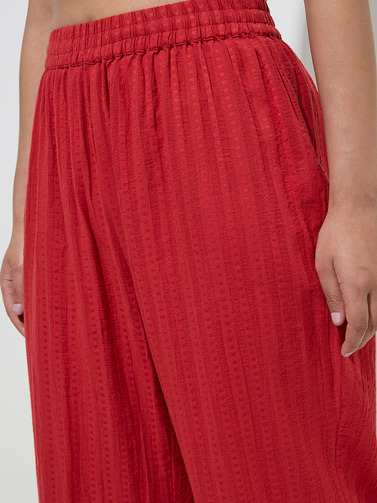 Utsa Red Self-Striped Cotton-Blend Ethnic Pants