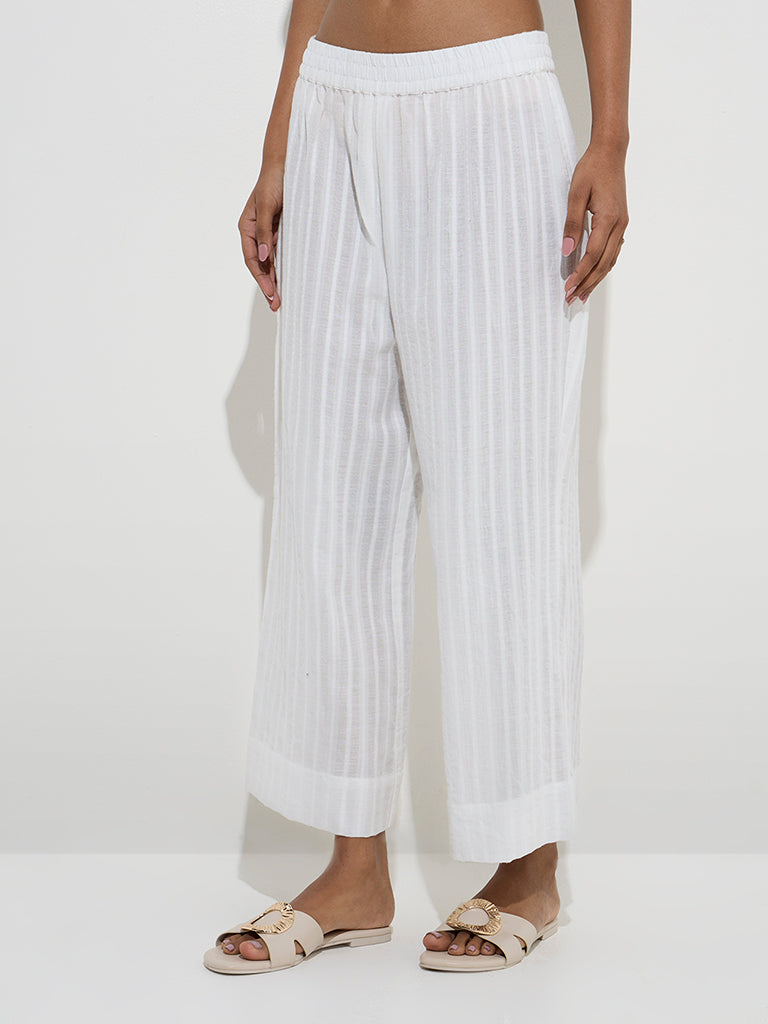 Utsa White Self-Striped Cotton Ethnic Pants