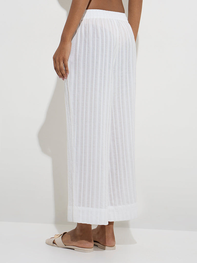 Utsa White Self-Striped Cotton Ethnic Pants