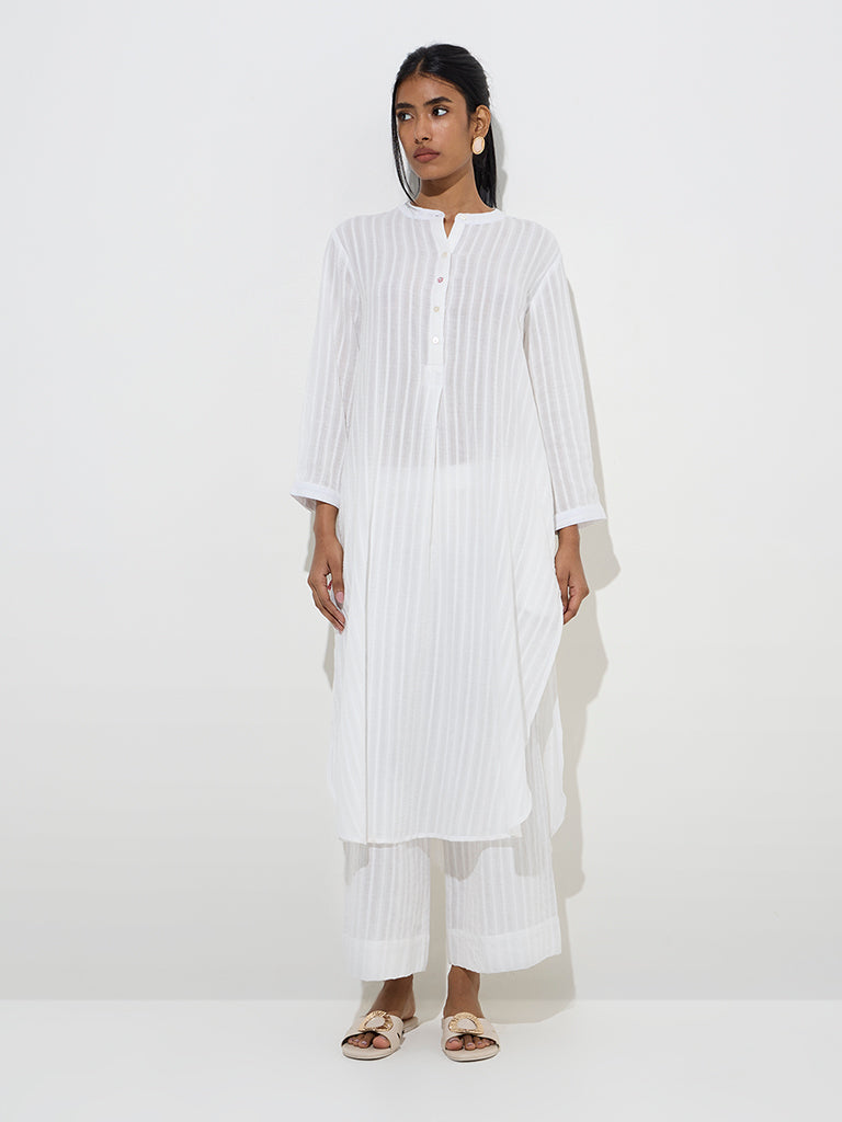 Utsa White Self-Striped Cotton Ethnic Pants