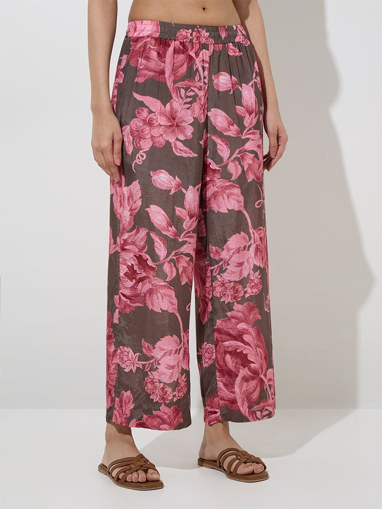 Utsa Brown Floral Design Palazzos