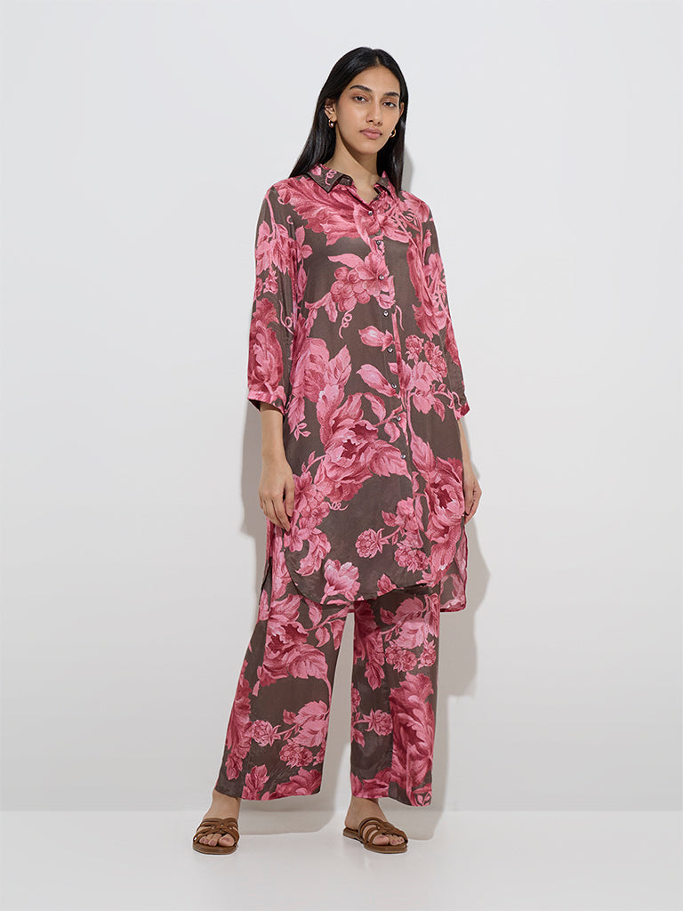 Utsa Brown Floral Design Palazzos