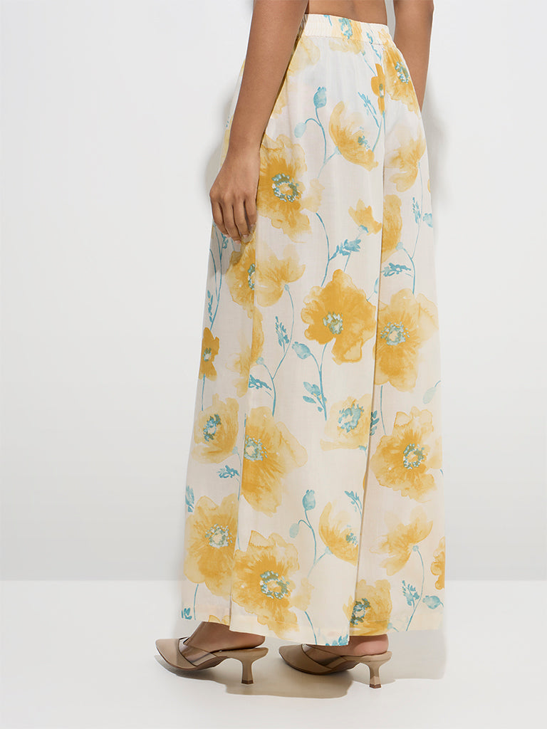Zuba Yellow Floral Printed Palazzos