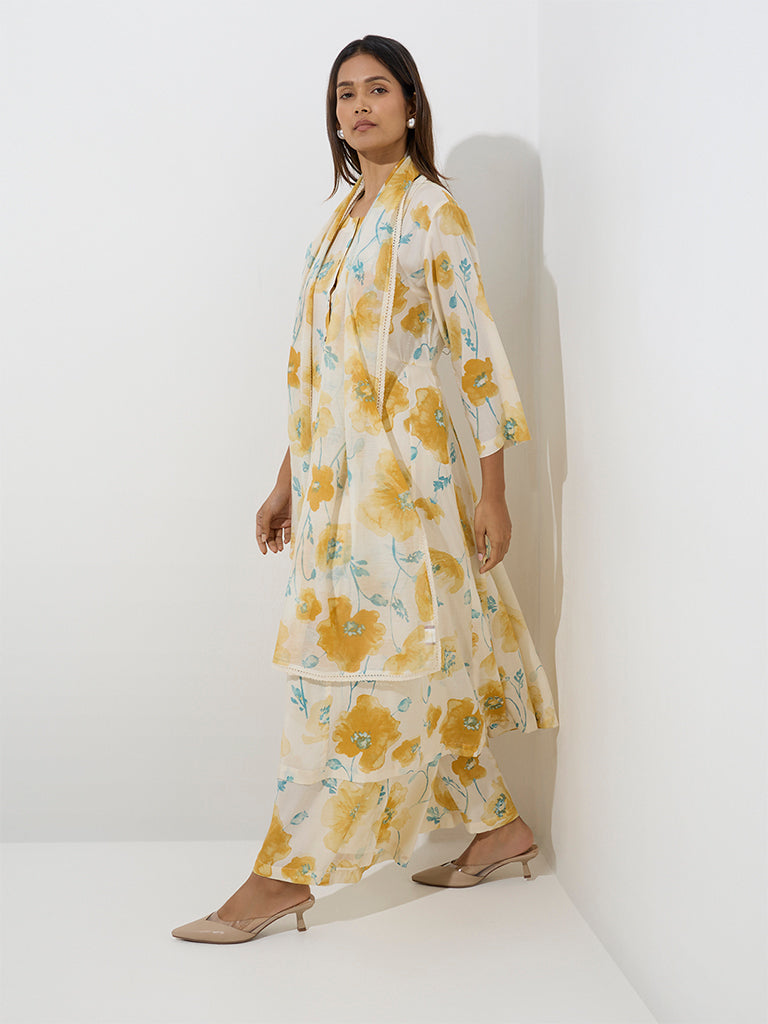 Zuba Yellow Floral Printed Palazzos