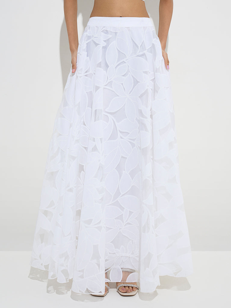Vark White Floral Design Cotton-Blend Skirt