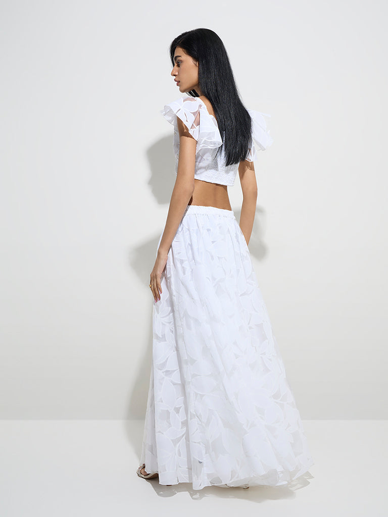 Vark White Floral Design Cotton-Blend Skirt