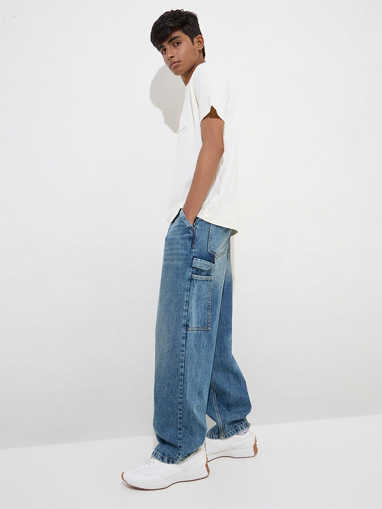 Y&F Kids Blue Straight-Fit High-Rise Jeans