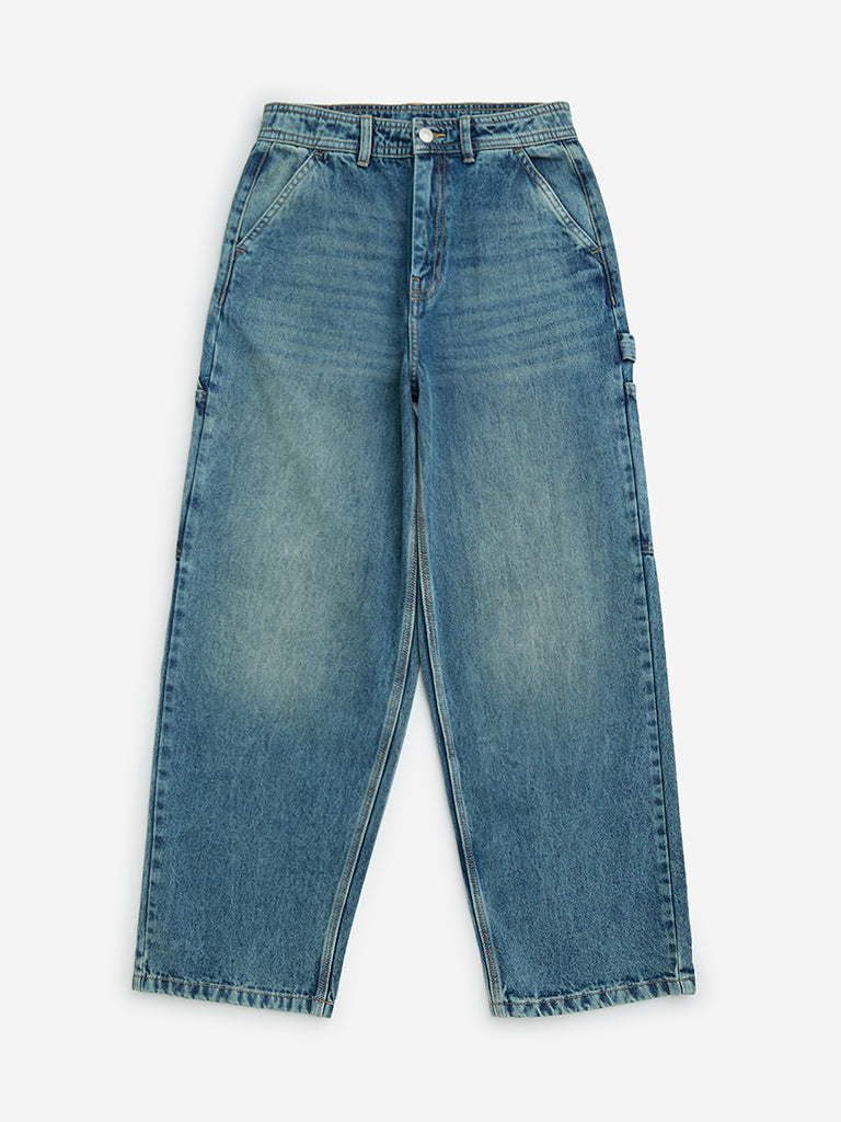 Y&F Kids Blue Straight-Fit High-Rise Jeans