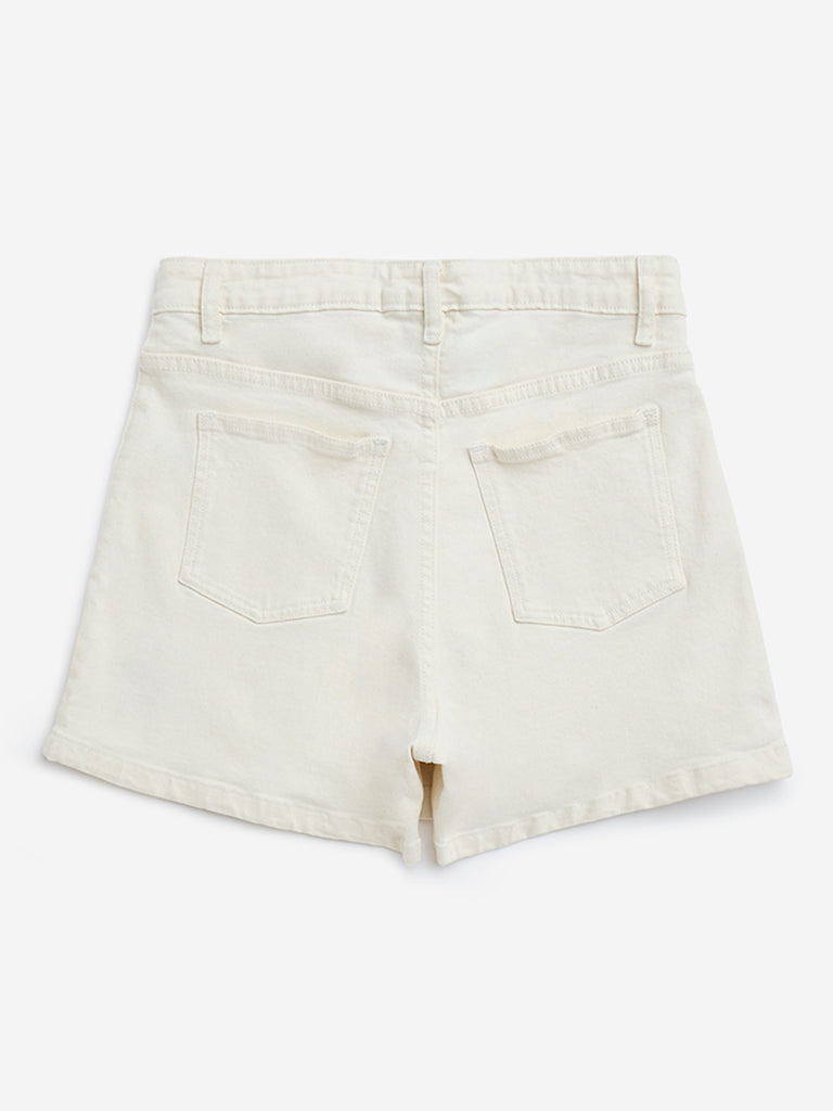 Y&F Kids Off-White Floral Embroidered High-Rise Denim Skort