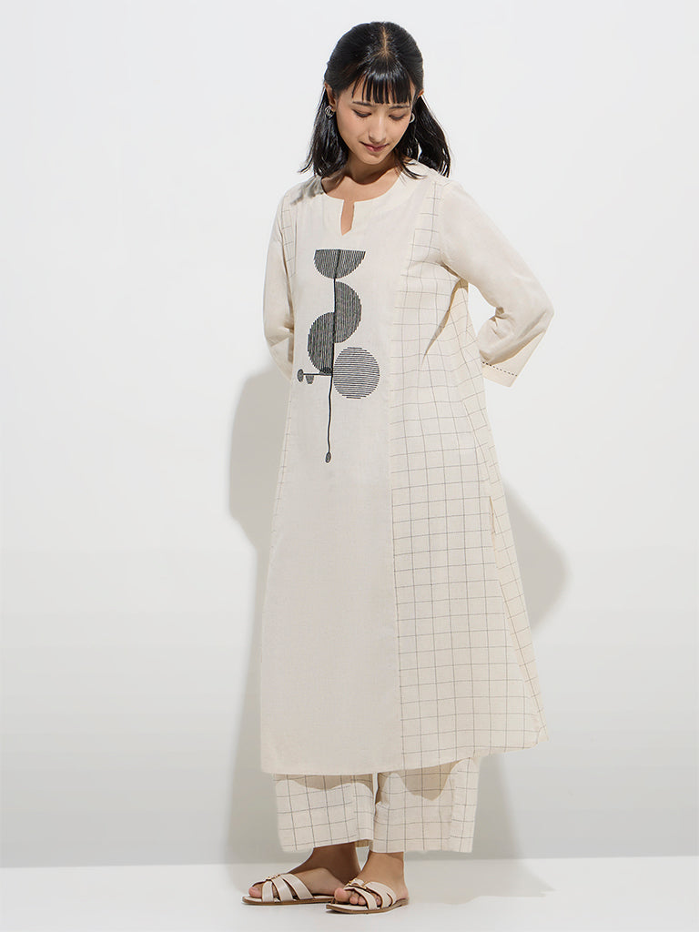 Utsa Off-White Checks Design A-Line Cotton Kurta