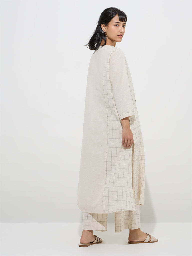 Utsa Off-White Checks Design A-Line Cotton Kurta