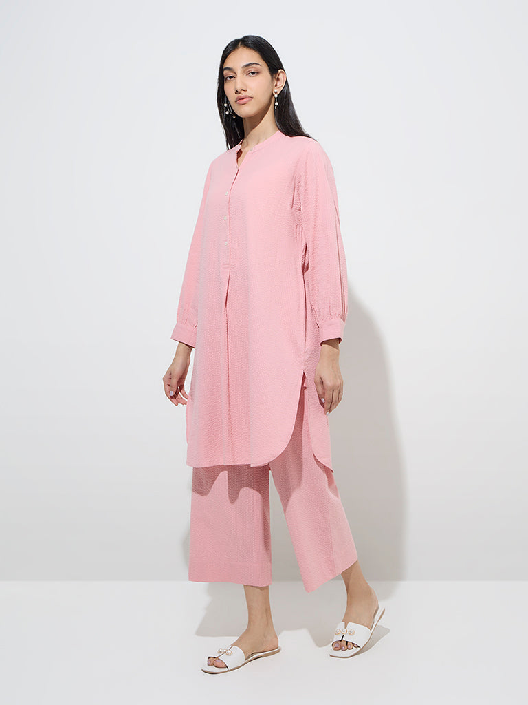 Utsa Light Pink Seersucker Striped Cotton A-Line Kurta