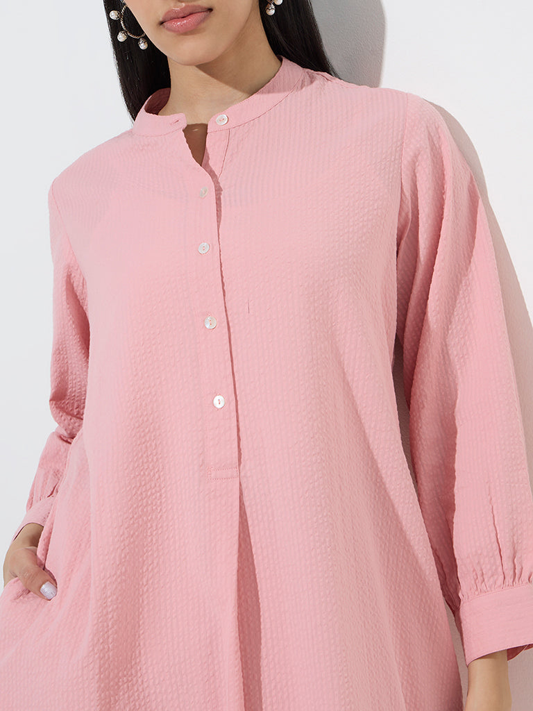 Utsa Light Pink Seersucker Striped Cotton A-Line Kurta