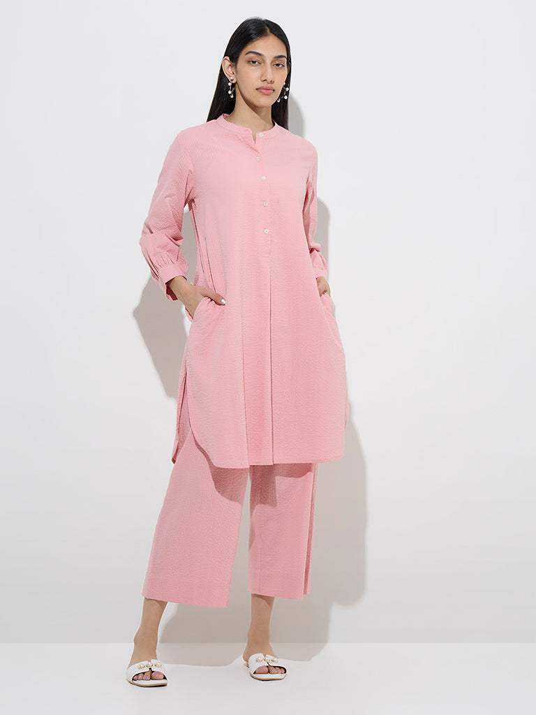 Utsa Light Pink Seersucker Striped Cotton A-Line Kurta