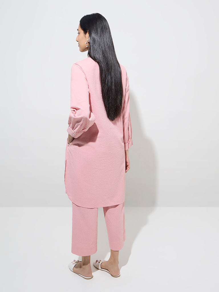 Utsa Light Pink Seersucker Striped Cotton A-Line Kurta