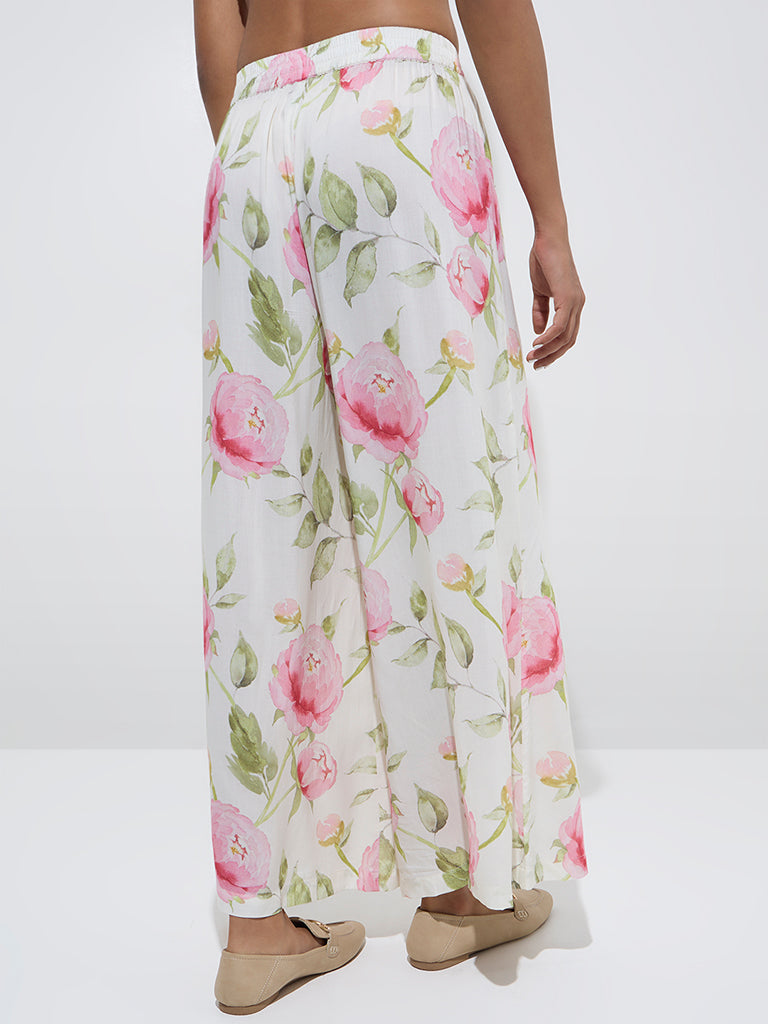 Zuba White Floral Printed High-Rise Palazzos