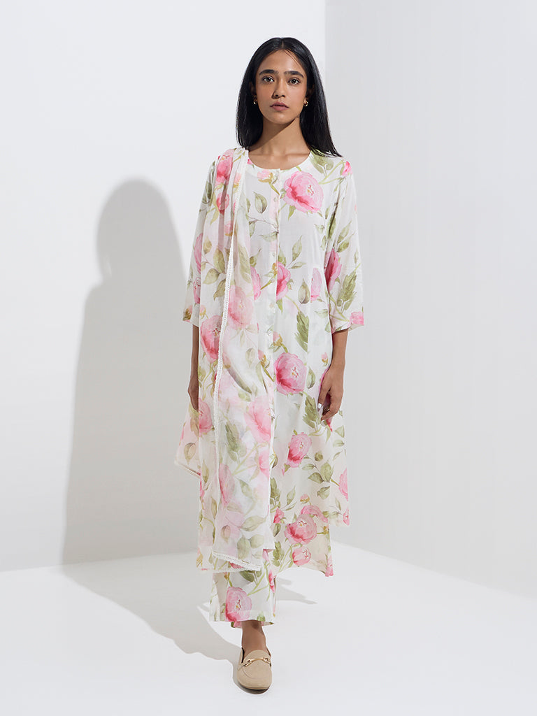 Zuba White Floral Printed High-Rise Palazzos