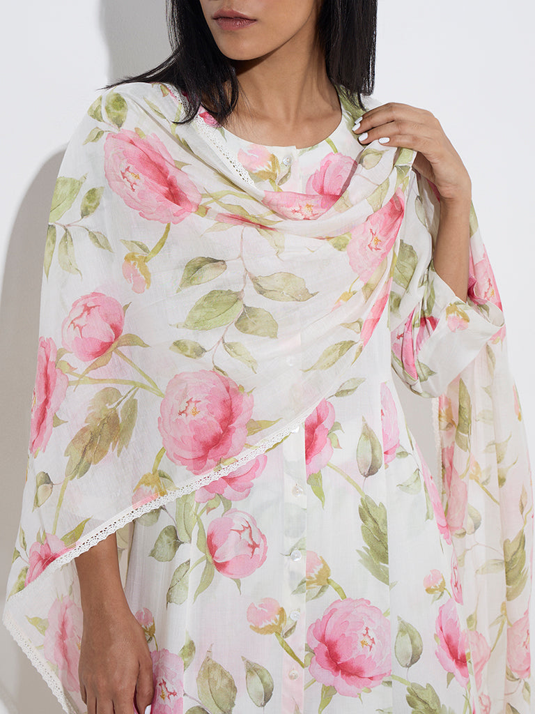 Zuba White Floral Printed Cotton-Blend Dupatta