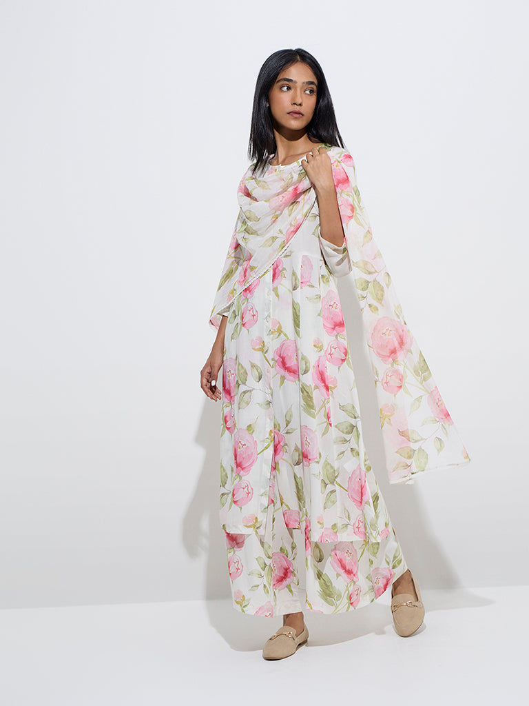 Zuba White Floral Printed Cotton-Blend Dupatta