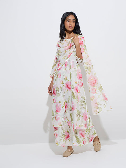 Zuba White Floral Printed Cotton-Blend Dupatta