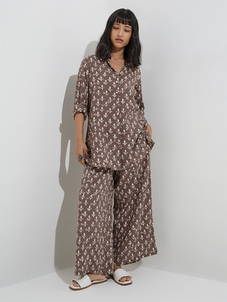 Utsa Taupe Botanical Printed Tunic