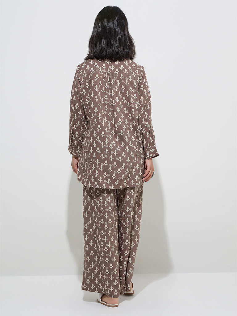 Utsa Taupe Botanical Printed Tunic
