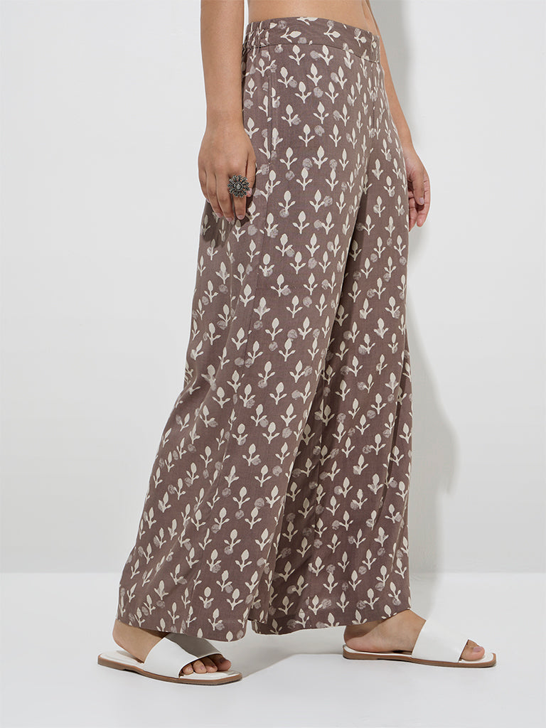 Utsa Taupe Botanical Pattern Palazzos
