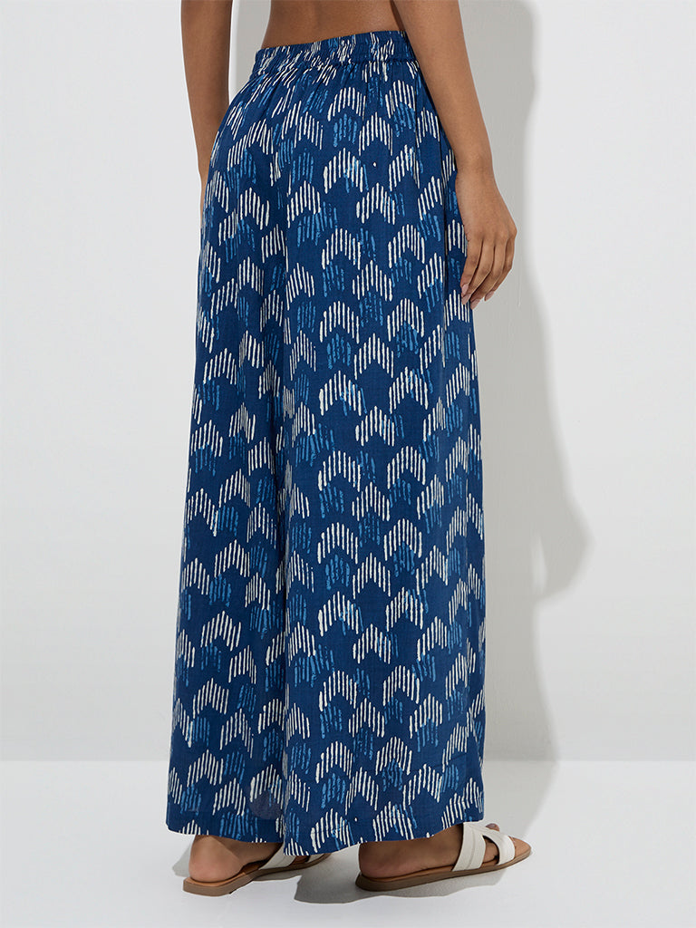 Utsa Navy Blue Printed High-Rise Ethnic Pants