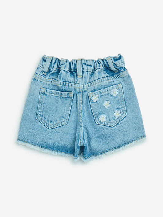 HOP Kids Blue Floral Design High-Rise Denim Shorts