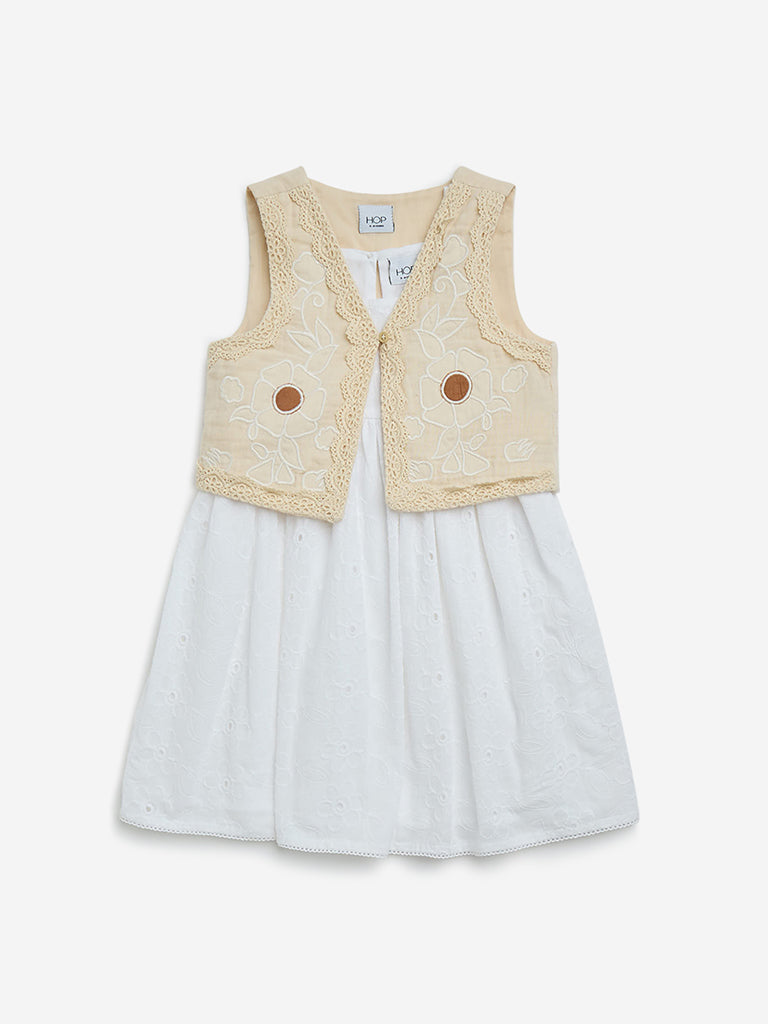 HOP Kids Off-White Floral Cotton A-Line Dress with Jacket