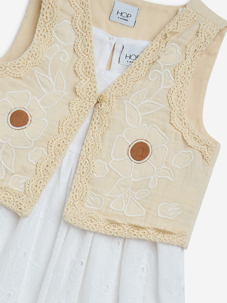 HOP Kids Off-White Floral Cotton A-Line Dress with Jacket