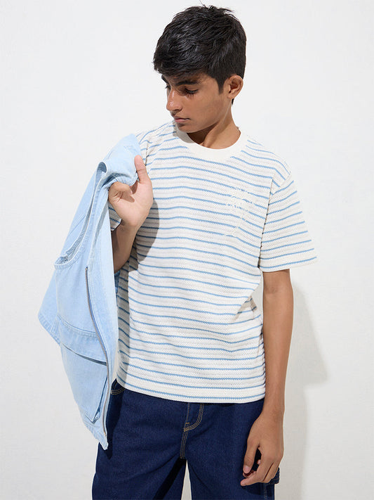 Y&F Kids Blue Stripe Printed Knitted T-Shirt