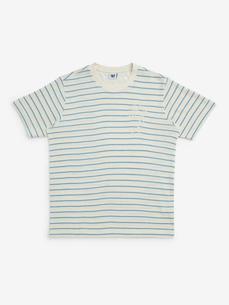 Y&F Kids Blue Stripe Printed Knitted T-Shirt