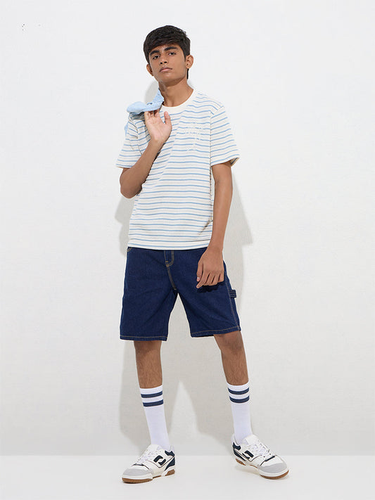 Y&F Kids Blue Stripe Printed Knitted T-Shirt