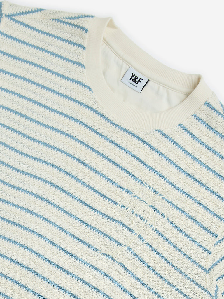 Y&F Kids Blue Stripe Printed Knitted T-Shirt