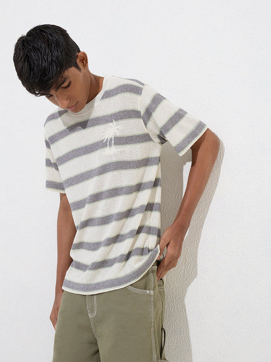 Y&F Kids Off-White Striped Cotton-Blend T-Shirt