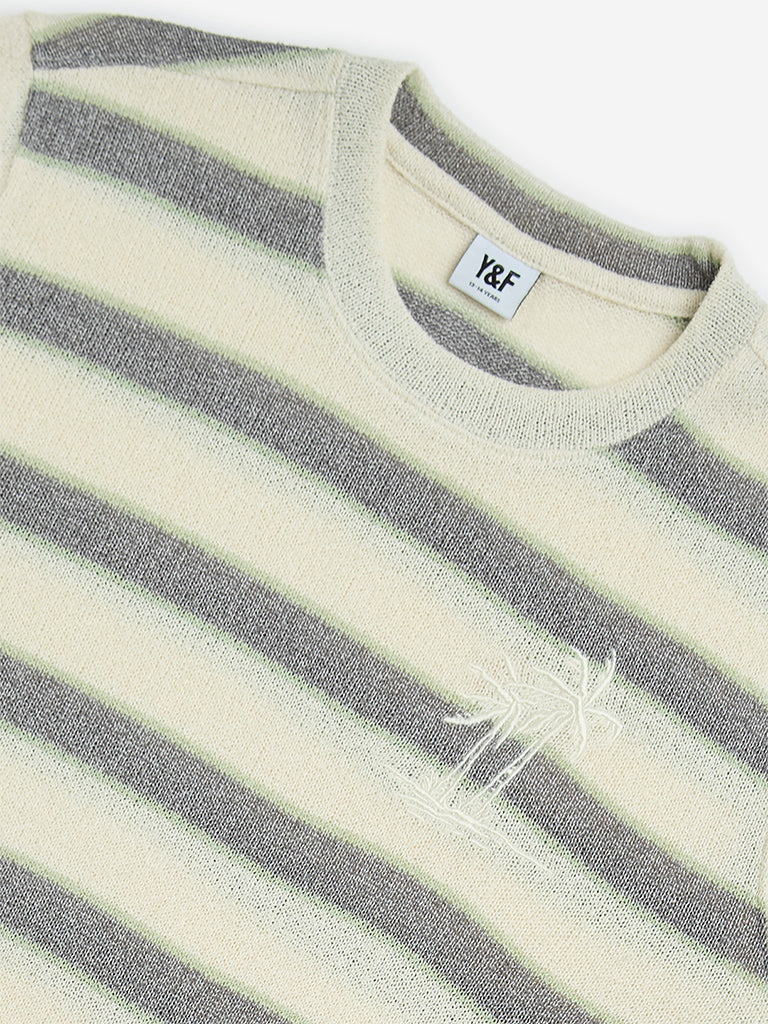 Y&F Kids Off-White Striped Cotton-Blend T-Shirt