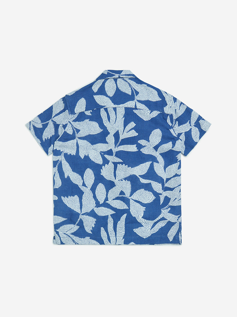 HOP Kids Blue Botanical Printed Cotton Shirt